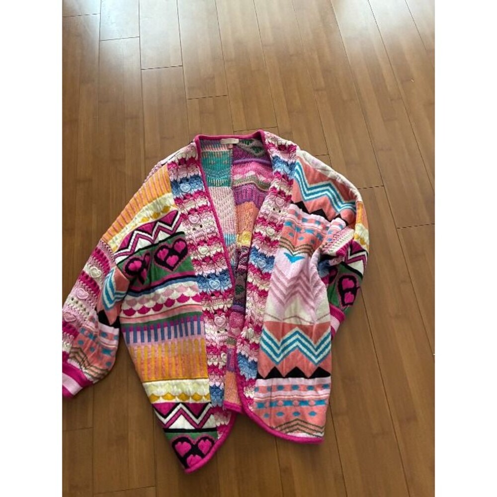 Anthropologie Multicolor Patterned Knit Cardigan - Pink, Blue, Yellow, Orange